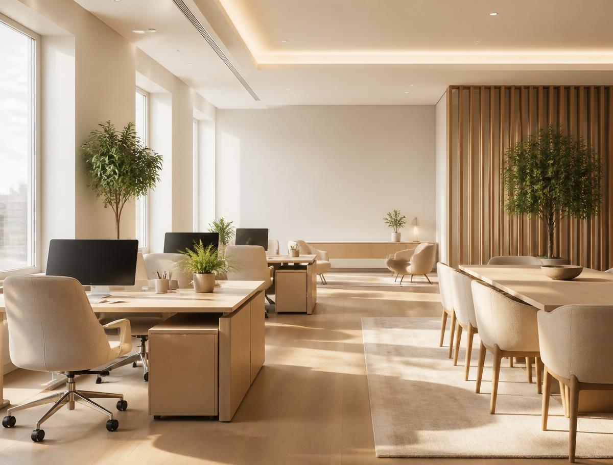 Bright, immaculate office interior with warm wood accents