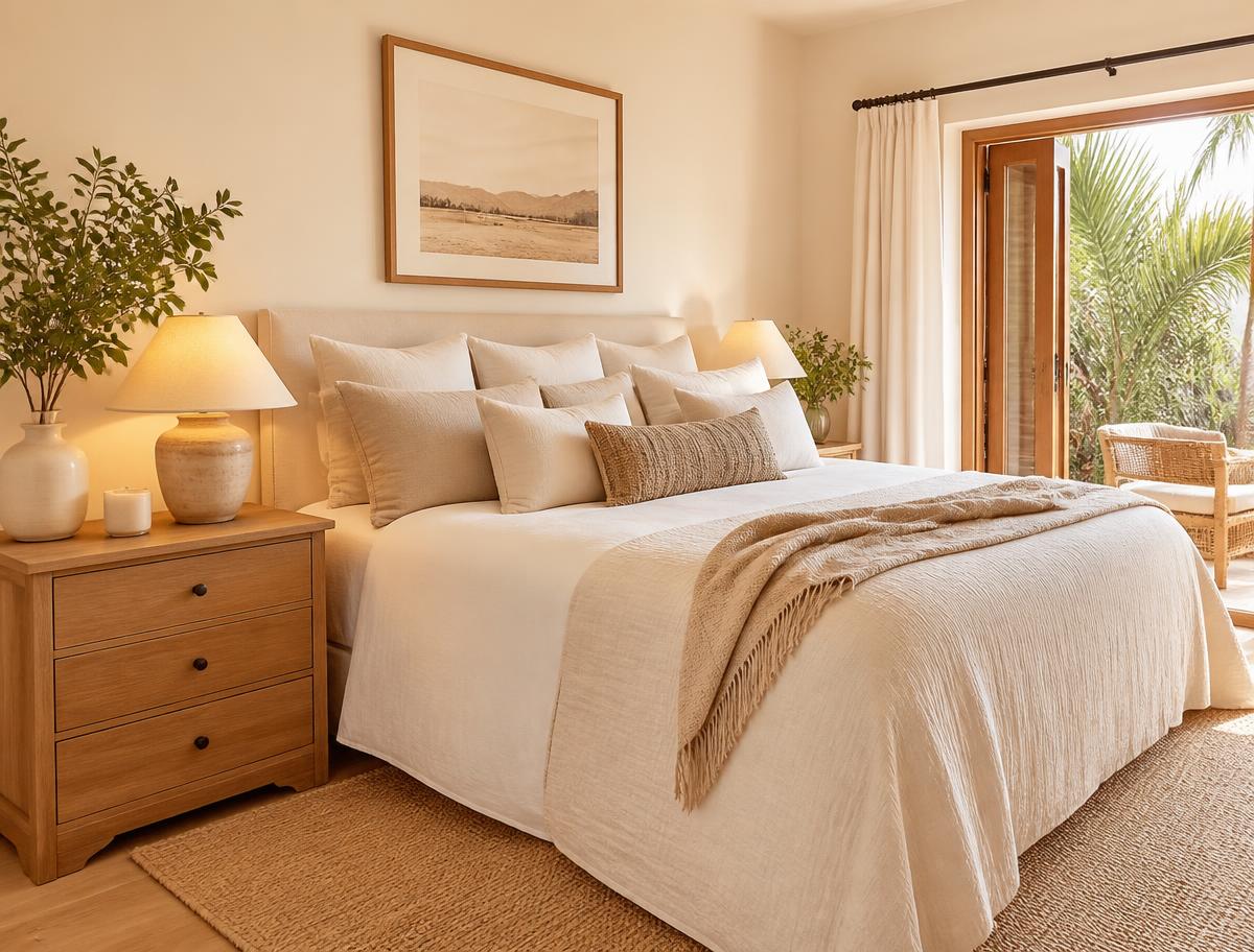 Guest-ready vacation rental bedroom with warm neutral bedding