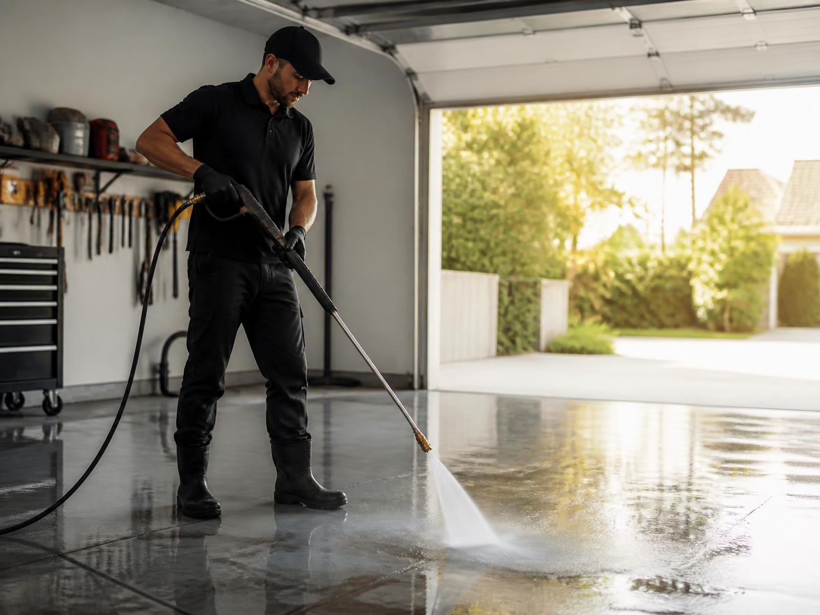 Restora Home Co. technician pressure washing a residential garage floor in Surprise, Arizona